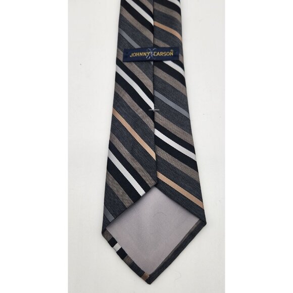 Vintage Johnny‎ Carson Tie Necktie Striped Black Gray Tan White EUC - Picture 3 of 7